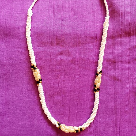 Vtg 80’s Freshwater Pearl Rice Nugget White Black Gold Braided Beads Necklace - Picture 2 of 4